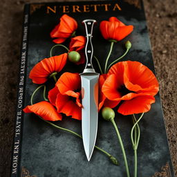 An intriguing book cover featuring a sharp knife surrounded by blooming poppy flowers