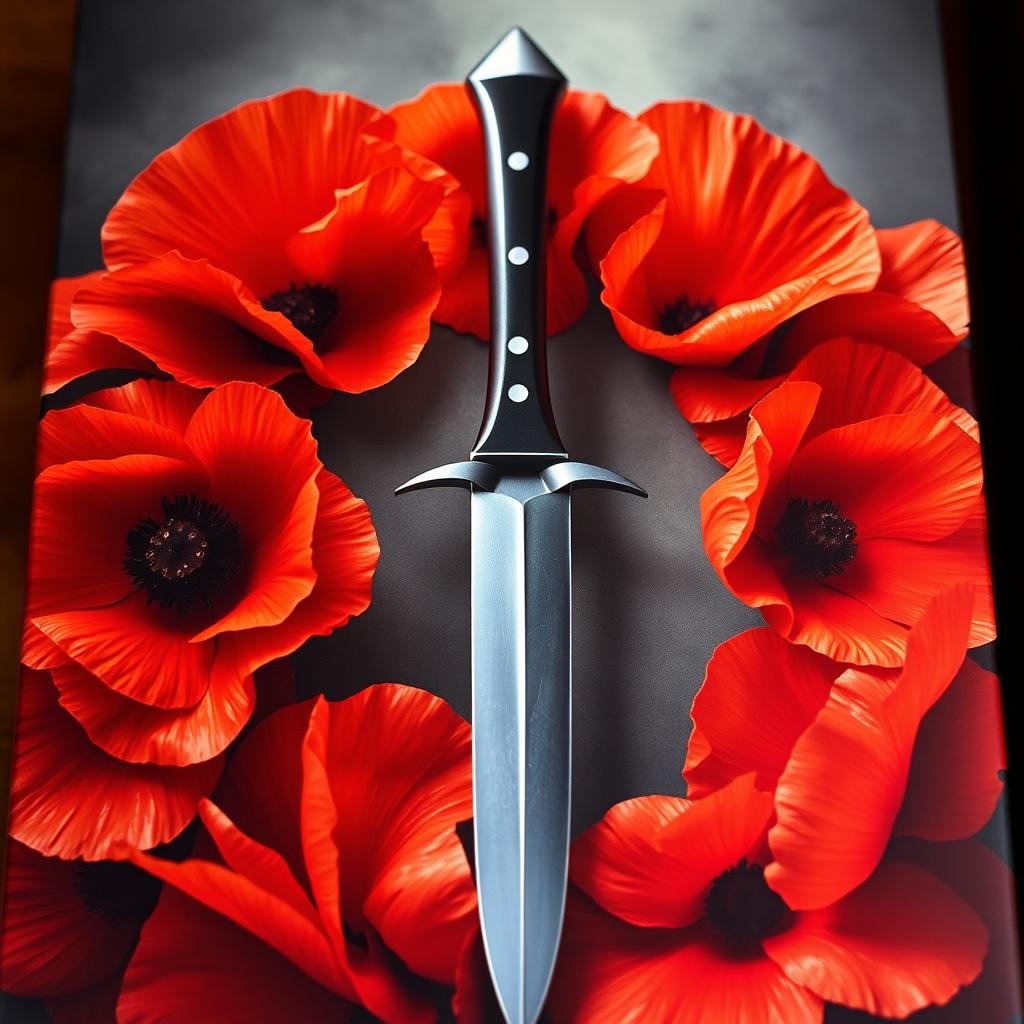 A mesmerizing book cover depicting a sharp, shimmering knife at the center, encircled by blooming poppy flowers