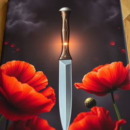 A mesmerizing book cover depicting a sharp, shimmering knife at the center, encircled by blooming poppy flowers