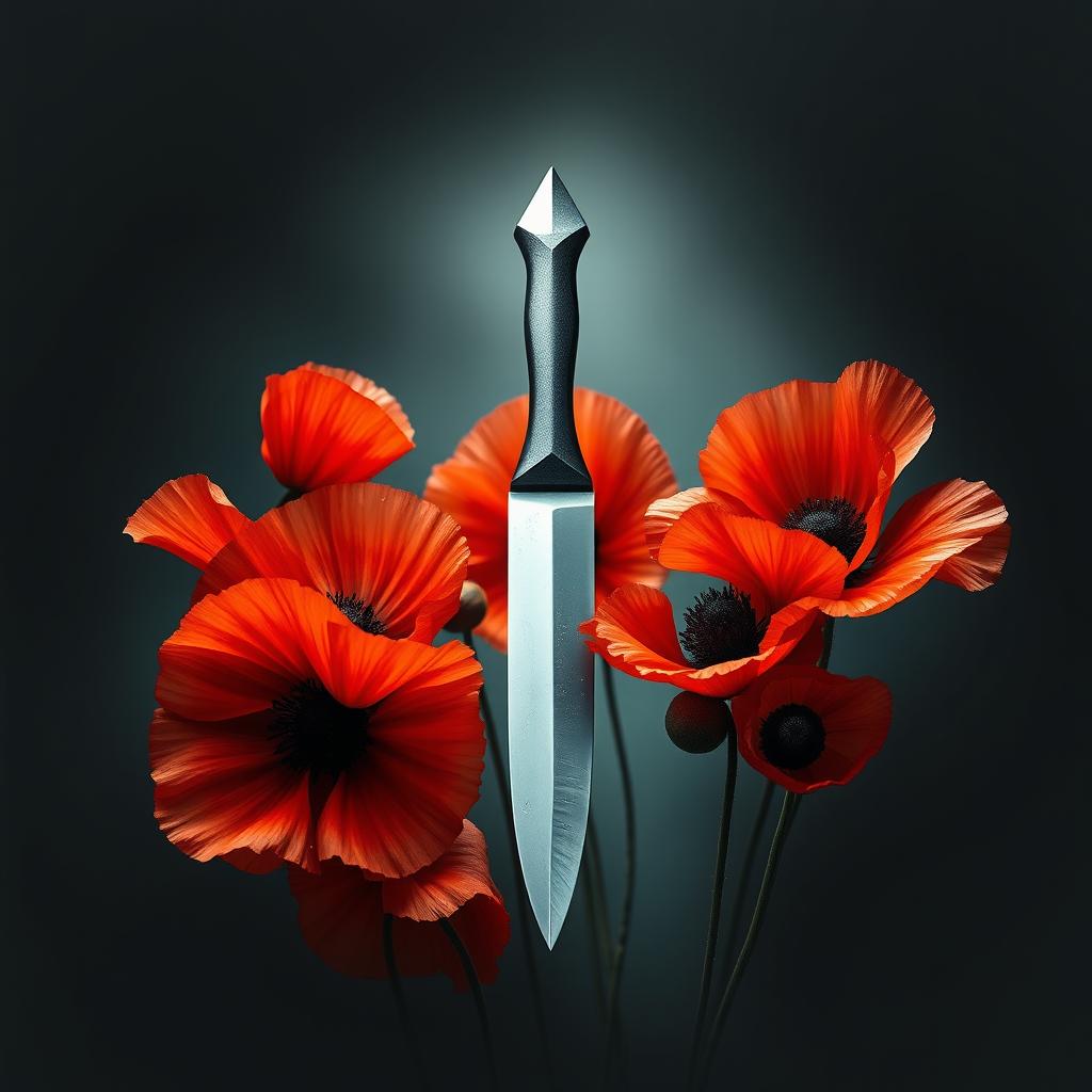 A mesmerizing book cover depicting a sharp, shimmering knife at the center, encircled by blooming poppy flowers