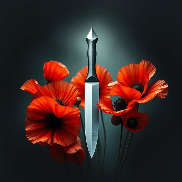 A mesmerizing book cover depicting a sharp, shimmering knife at the center, encircled by blooming poppy flowers