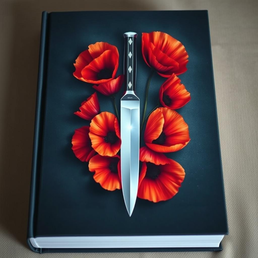 A mesmerizing book cover depicting a sharp, shimmering knife at the center, encircled by blooming poppy flowers