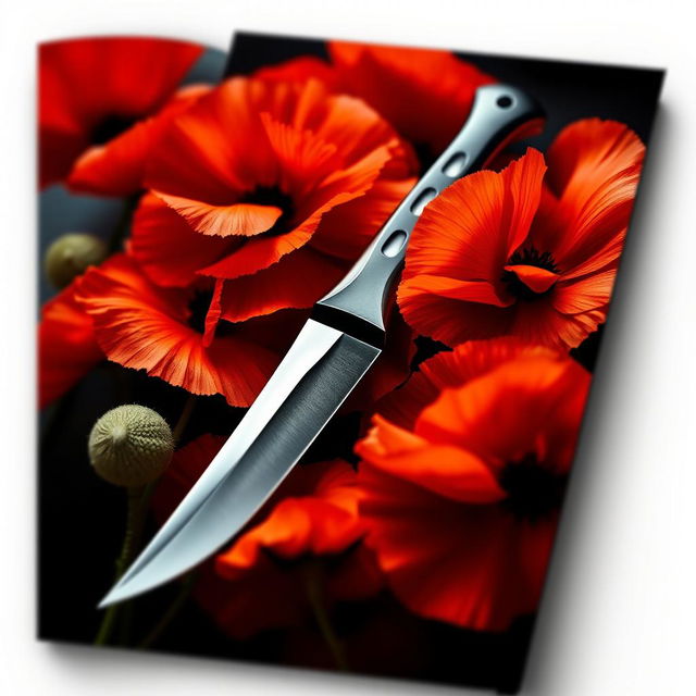 A captivating book cover design featuring a gleaming knife at the center, surrounded by gracefully blooming poppy flowers