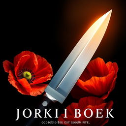 A captivating book cover design featuring a gleaming knife at the center, surrounded by gracefully blooming poppy flowers