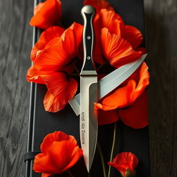 A captivating book cover design featuring a gleaming knife at the center, surrounded by gracefully blooming poppy flowers