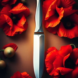 A captivating book cover design featuring a gleaming knife at the center, surrounded by gracefully blooming poppy flowers