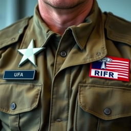 An individual in tactical military uniform, featuring a badge with two stars on the chest, the right chest displaying the label 'IRFA,' and the left chest adorned with a UFO emblem