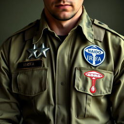 An individual in tactical military uniform, featuring a badge with two stars on the chest, the right chest displaying the label 'IRFA,' and the left chest adorned with a UFO emblem