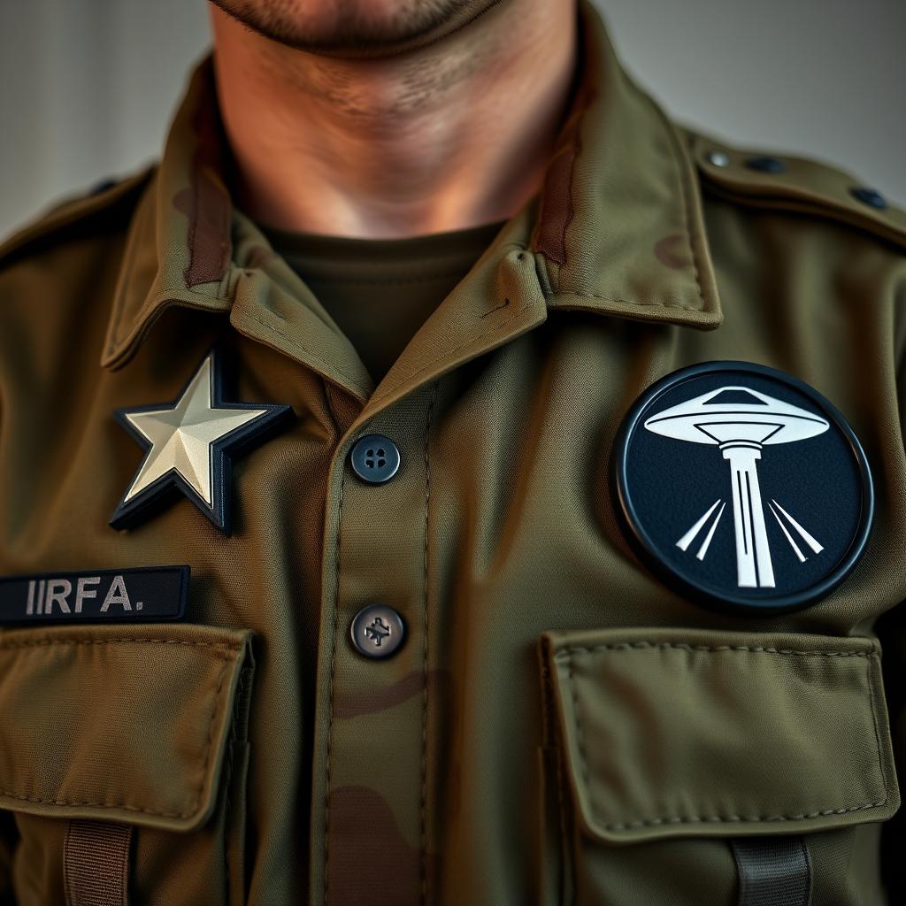 An individual in tactical military uniform, featuring a badge with two stars on the chest, the right chest displaying the label 'IRFA,' and the left chest adorned with a UFO emblem