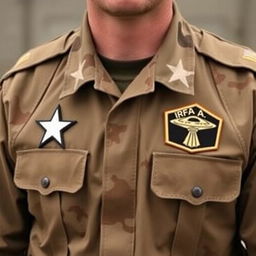 An individual in tactical military uniform, featuring a badge with two stars on the chest, the right chest displaying the label 'IRFA,' and the left chest adorned with a UFO emblem