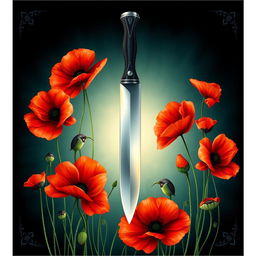 An enchanting book cover illustration of a gleaming knife encircled by blooming poppy flowers