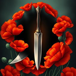 An enchanting book cover illustration of a gleaming knife encircled by blooming poppy flowers