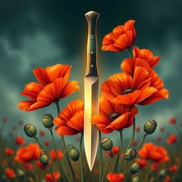 An enchanting book cover illustration of a gleaming knife encircled by blooming poppy flowers