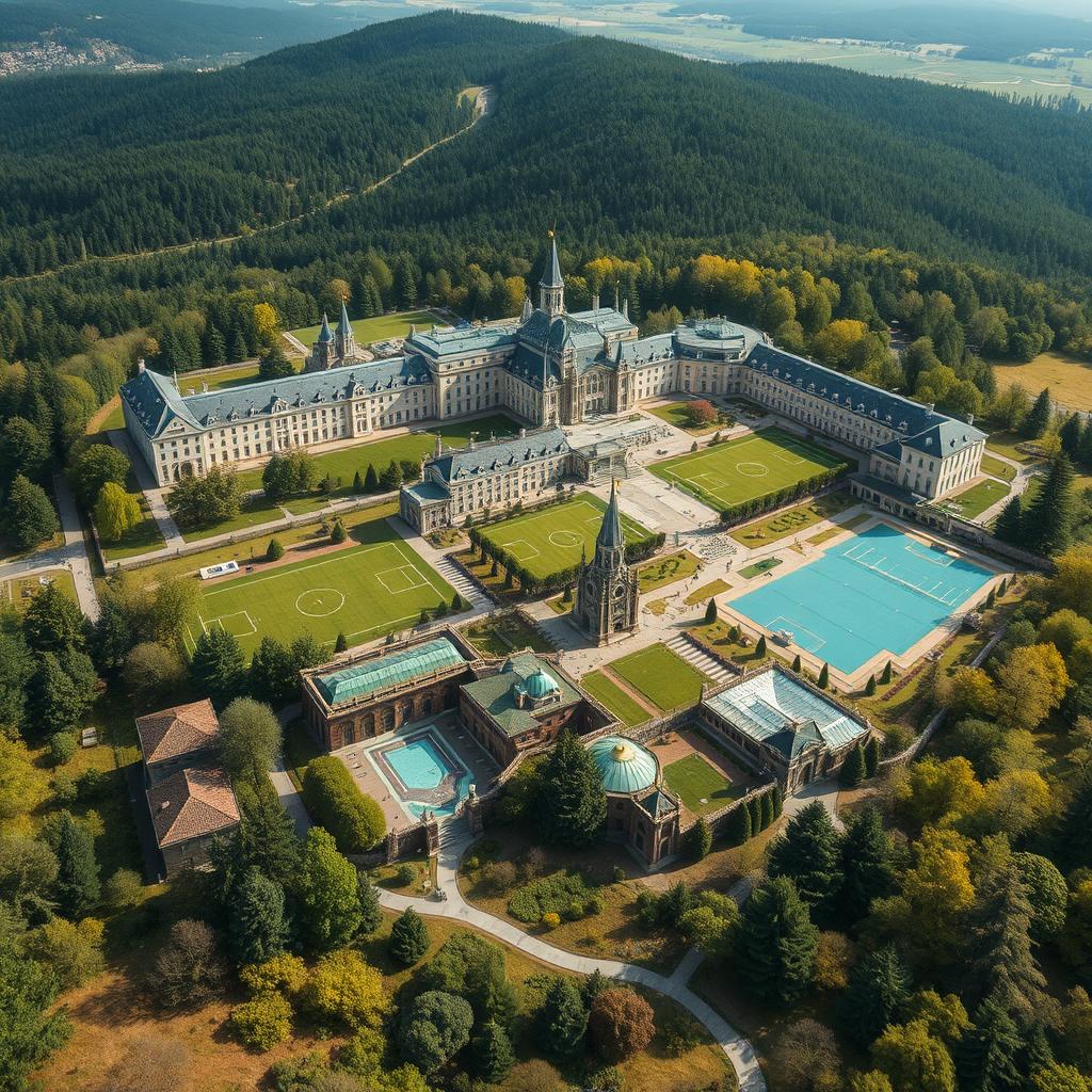 A sprawling and grand educational campus situated on a hill, featuring large buildings with sections labeled "school" on one side and "university" on the other