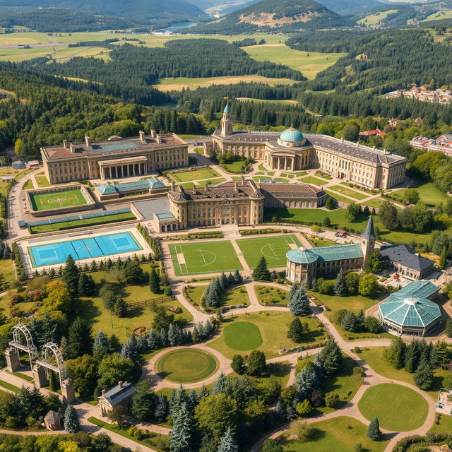 A sprawling and grand educational campus situated on a hill, featuring large buildings with sections labeled "school" on one side and "university" on the other