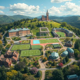 A sprawling and grand educational campus situated on a hill, featuring large buildings with sections labeled "school" on one side and "university" on the other