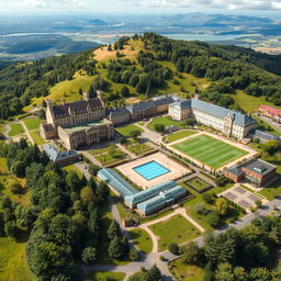 A sprawling and grand educational campus situated on a hill, featuring large buildings with sections labeled "school" on one side and "university" on the other