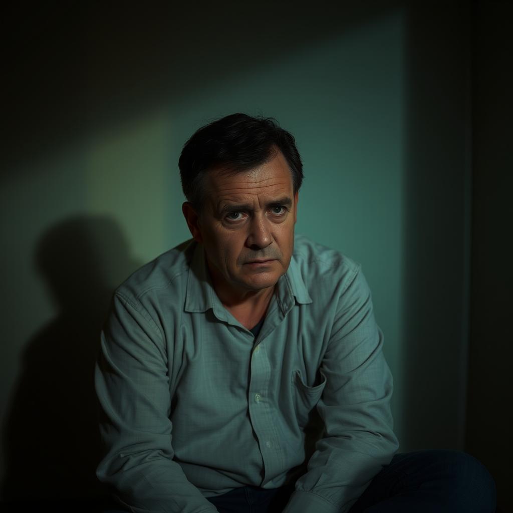 A sad man sitting in a dimly lit room, with a somber expression on his face