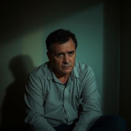 A sad man sitting in a dimly lit room, with a somber expression on his face