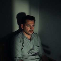 A sad man sitting in a dimly lit room, with a somber expression on his face