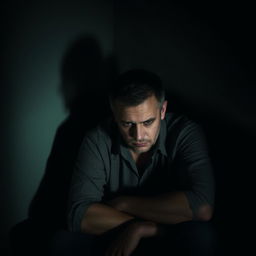 A sad man sitting in a dimly lit room, with a somber expression on his face