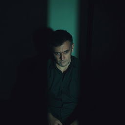 A sad man sitting in a dimly lit room, with a somber expression on his face