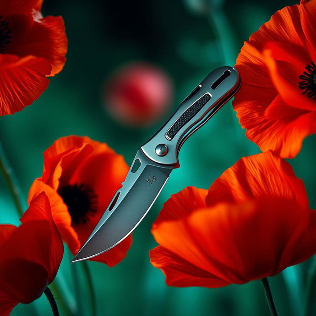 An evocative book cover design showcasing a pocket knife at the center, surrounded by blooming poppy flowers