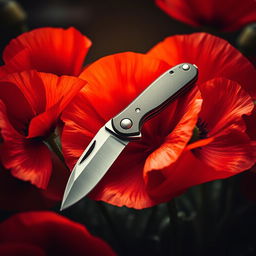 An evocative book cover design showcasing a pocket knife at the center, surrounded by blooming poppy flowers