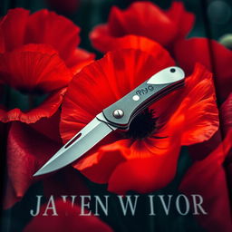 An evocative book cover design showcasing a pocket knife at the center, surrounded by blooming poppy flowers