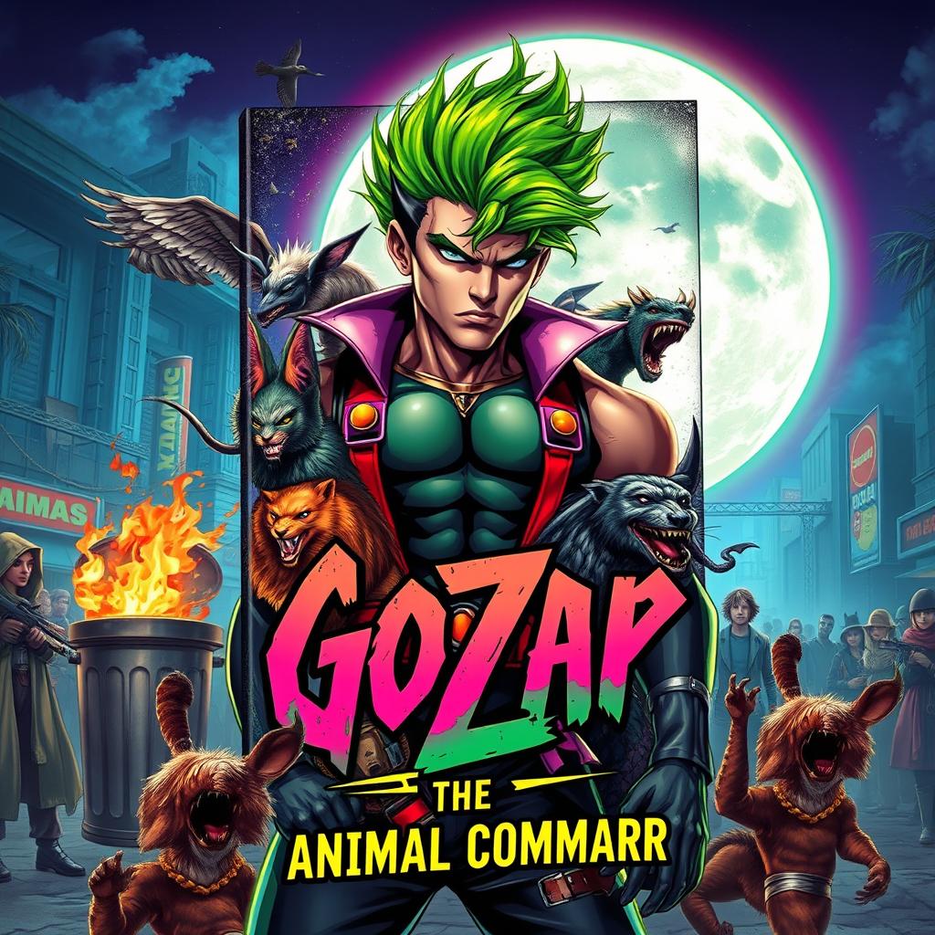 A vibrant and dynamic book cover featuring a male superhero with striking green hair, set against a goth punk rock background