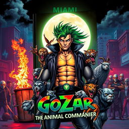 A vibrant and dynamic book cover featuring a male superhero with striking green hair, set against a goth punk rock background