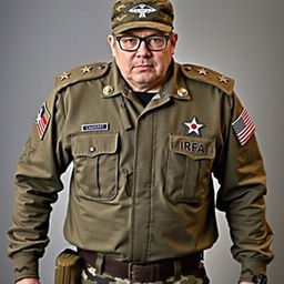 An individual in a tactical military uniform, with two epaulets on the shoulders each displaying two stars