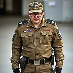 An individual in a tactical military uniform, with two epaulets on the shoulders each displaying two stars