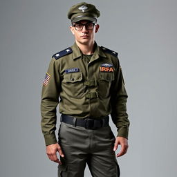 An individual in a tactical military uniform, with two epaulets on the shoulders each displaying two stars