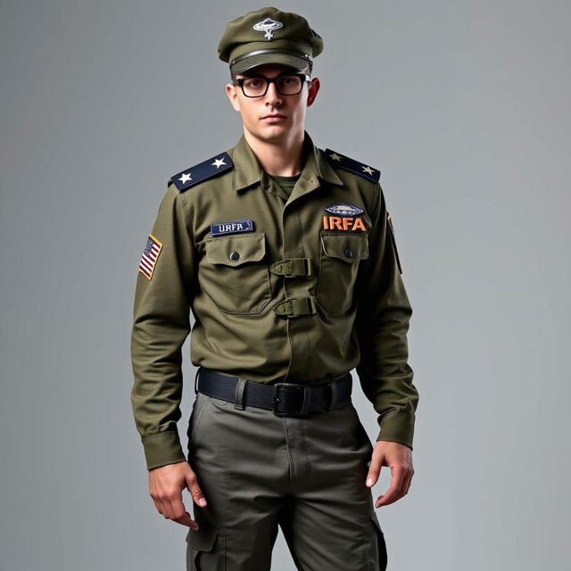 An individual in a tactical military uniform, with two epaulets on the shoulders each displaying two stars