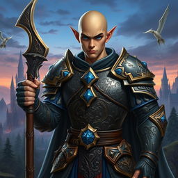 A young, tough, bald half-elf man with striking blue eyes, depicted as a fantasy paladin wielding an ornate halberd