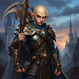 A young, tough, bald half-elf man with striking blue eyes, depicted as a fantasy paladin wielding an ornate halberd