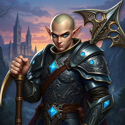 A young, tough, bald half-elf man with striking blue eyes, depicted as a fantasy paladin wielding an ornate halberd