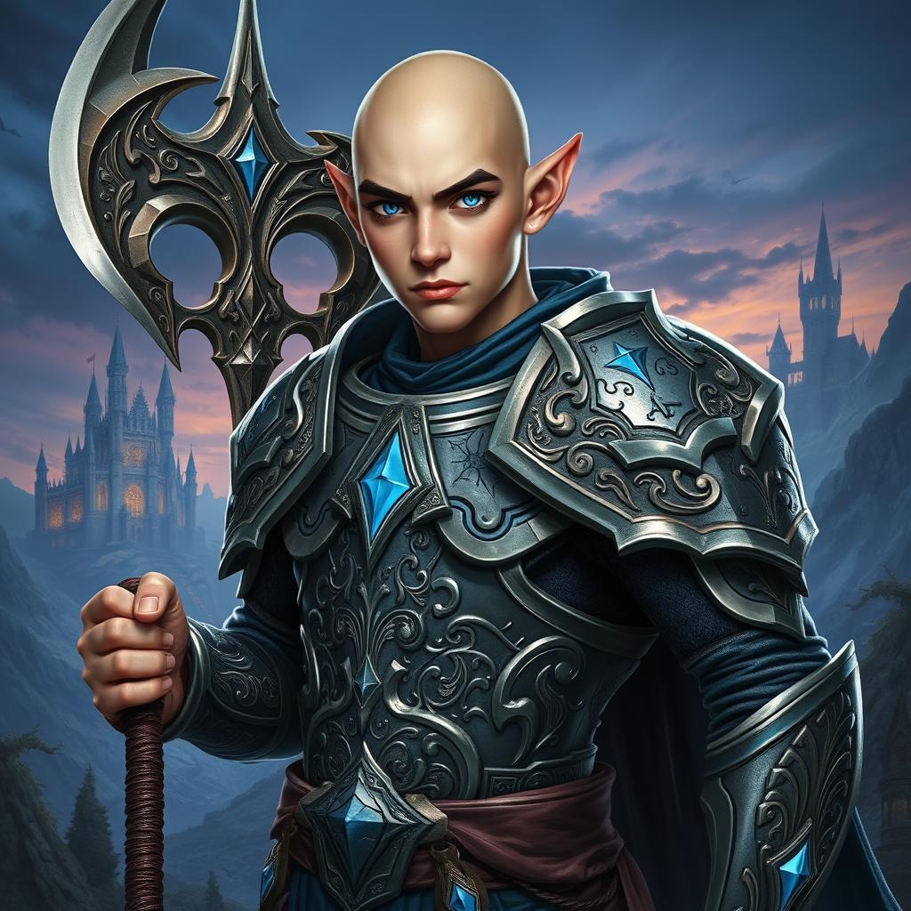 A young, tough, bald half-elf man with striking blue eyes, depicted as a fantasy paladin wielding an ornate halberd