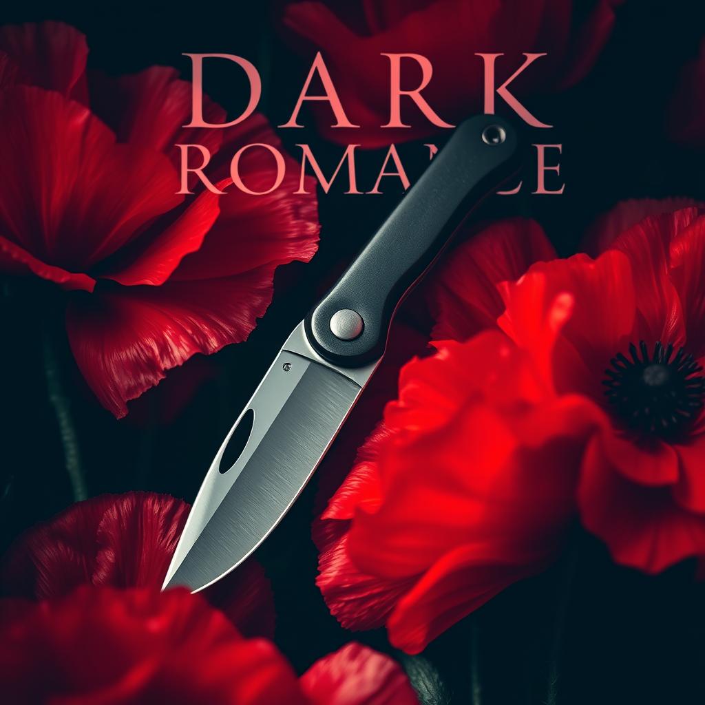 A dark romance book cover featuring a pocket knife surrounded by blooming poppy flowers