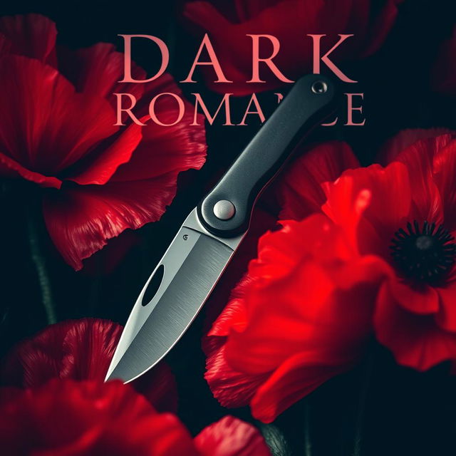 A dark romance book cover featuring a pocket knife surrounded by blooming poppy flowers