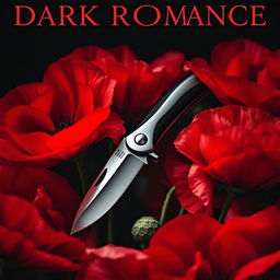 A dark romance book cover featuring a pocket knife surrounded by blooming poppy flowers