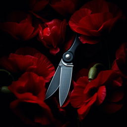 A dark romance book cover featuring a pocket knife surrounded by blooming poppy flowers