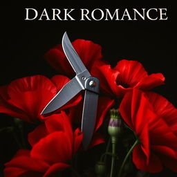 A dark romance book cover featuring a pocket knife surrounded by blooming poppy flowers