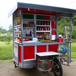 A small mobile shop with dimensions of 5ft by 9ft equipped with various items, designed in a compact yet appealing manner.