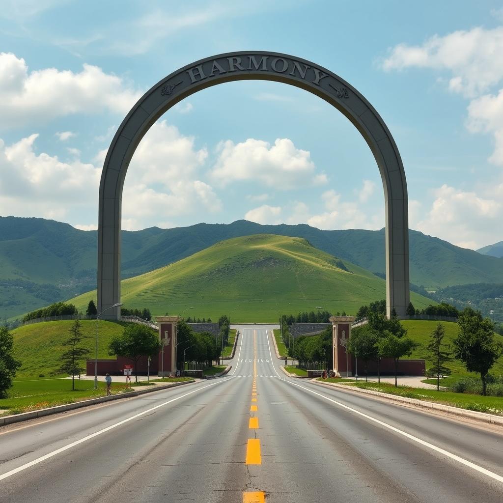 A giant archway positioned majestically atop a hill, with a broad, expansive street stretching out into the background