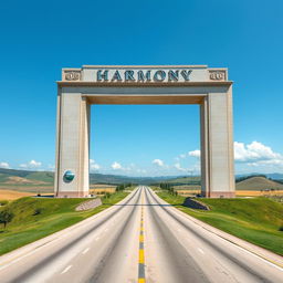 A giant archway positioned majestically atop a hill, with a broad, expansive street stretching out into the background