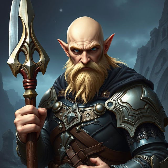 A tough, bald half-elf man with a striking blonde beard stands confidently