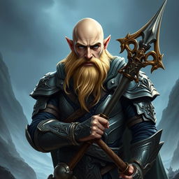 A tough, bald half-elf man with a striking blonde beard stands confidently