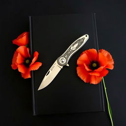 A black book cover featuring a pocket knife surrounded by blooming poppy flowers